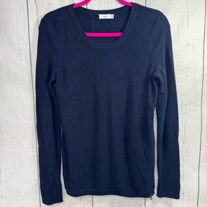 Vince Blue Ribbed Knit Sweater Side Zipper Detail Minimalist Chic Quiet Luxury